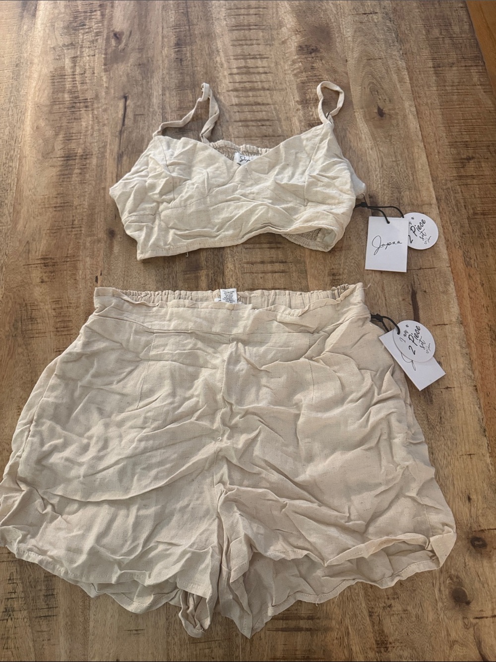 Japna Cream Lightweight Crop Top Bralette & Shorts Set flax blend NEW MEDIUM